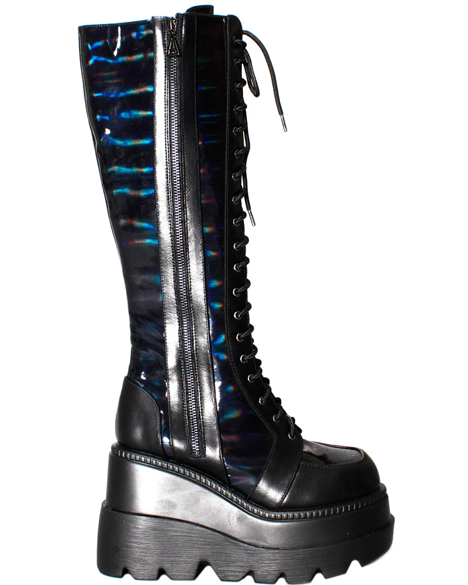 Black Venom Women's Holographic Knee High Platform Boot