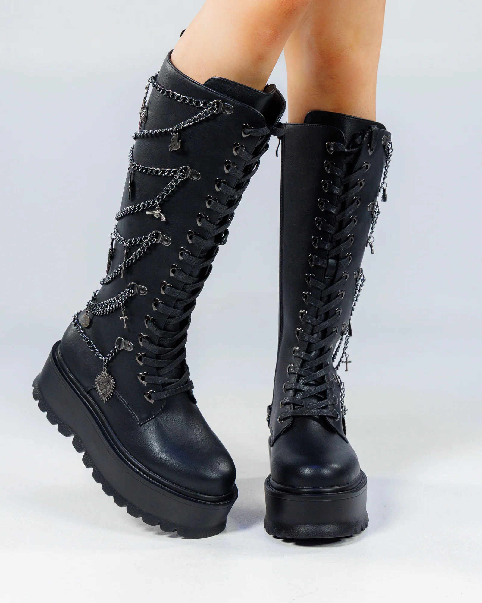 Chained Fantasy Women's Black Knee High Combat Boots
