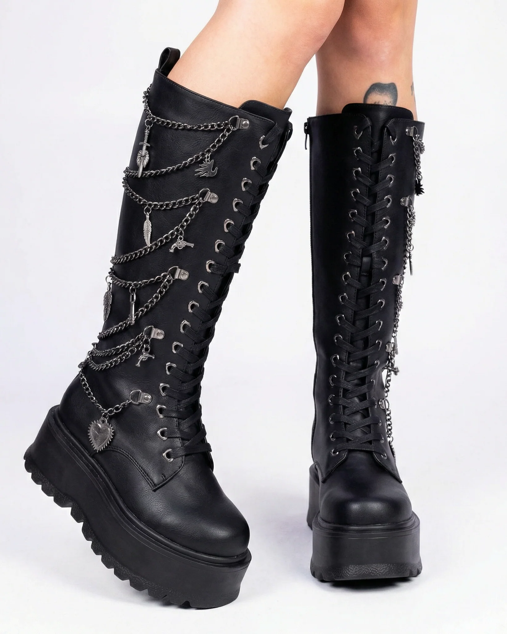 Chained Fantasy Women's Black Knee High Combat Boots - Image 3