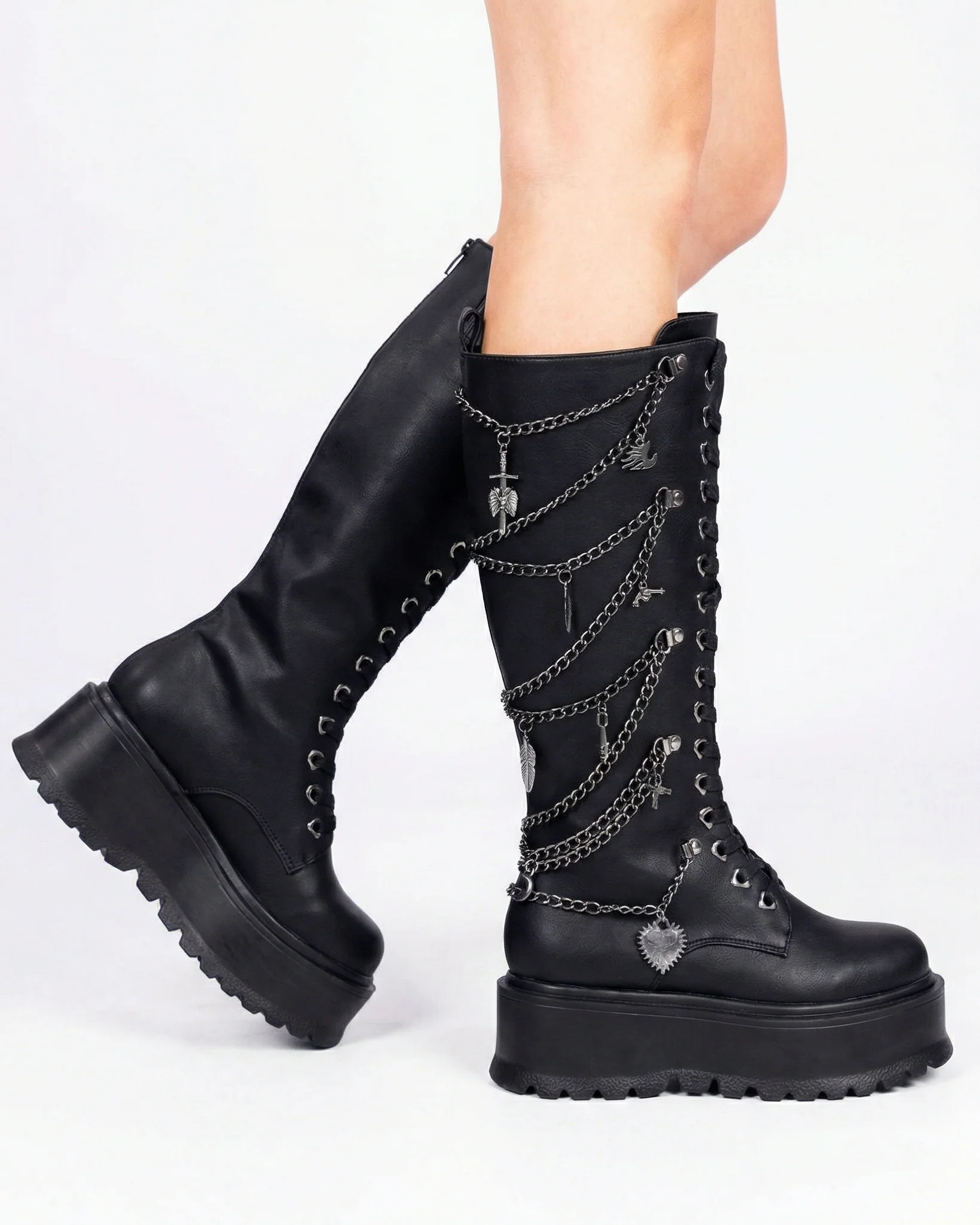 Chained Fantasy Women's Black Knee High Combat Boots - Image 8