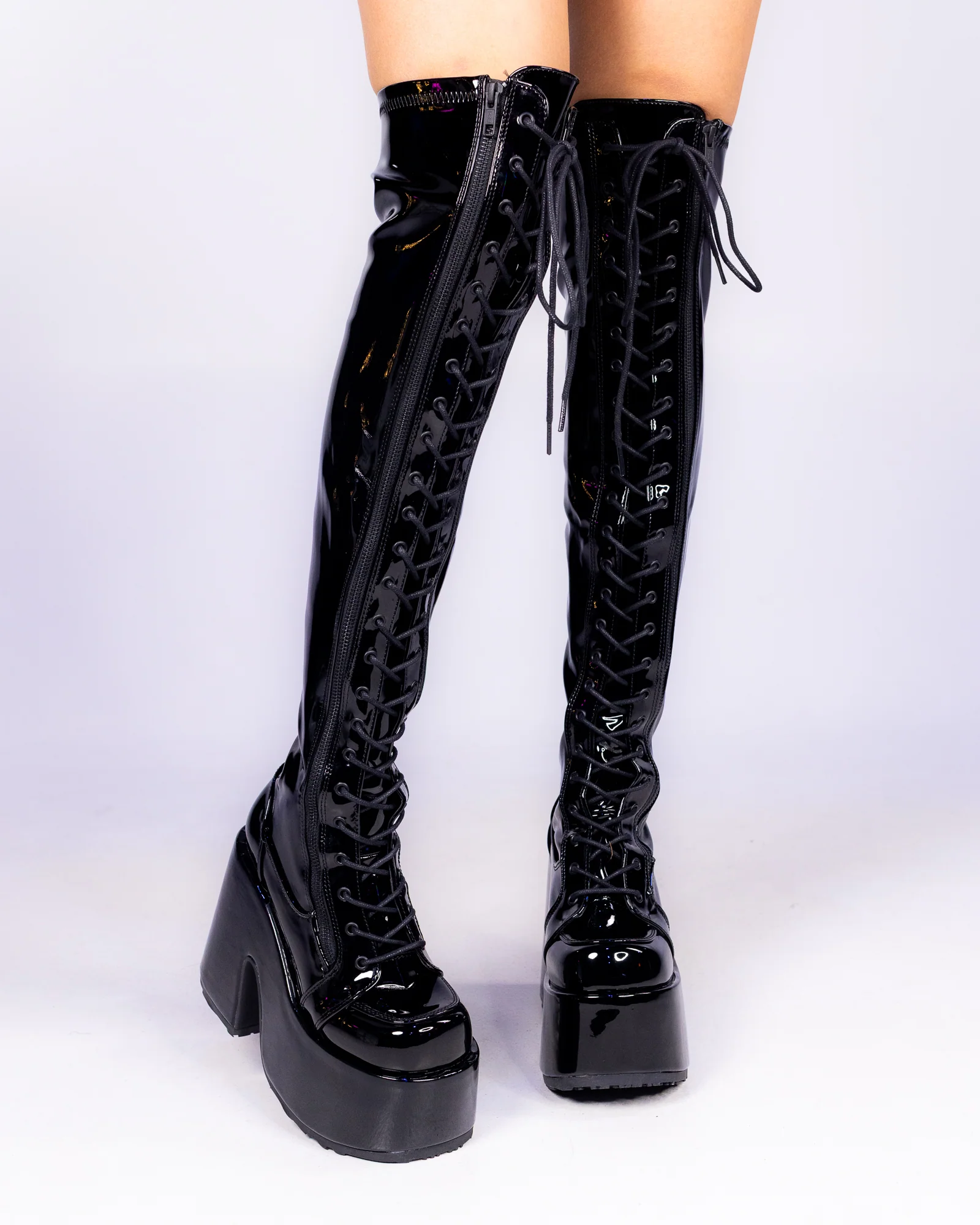 Demonia Camel Patent Black Women's Thigh High Platform Boots