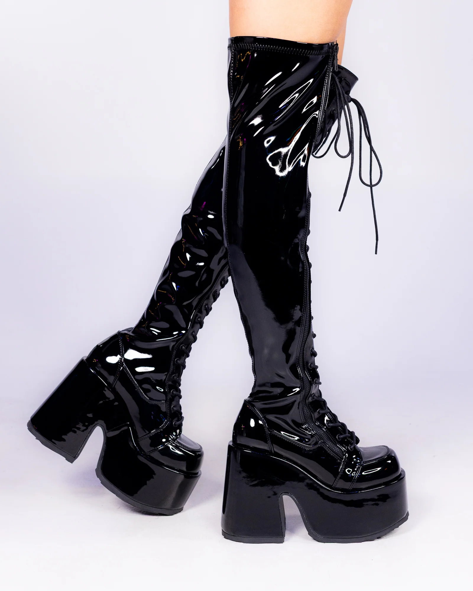 Demonia Camel Patent Black Women's Thigh High Platform Boots - Image 2