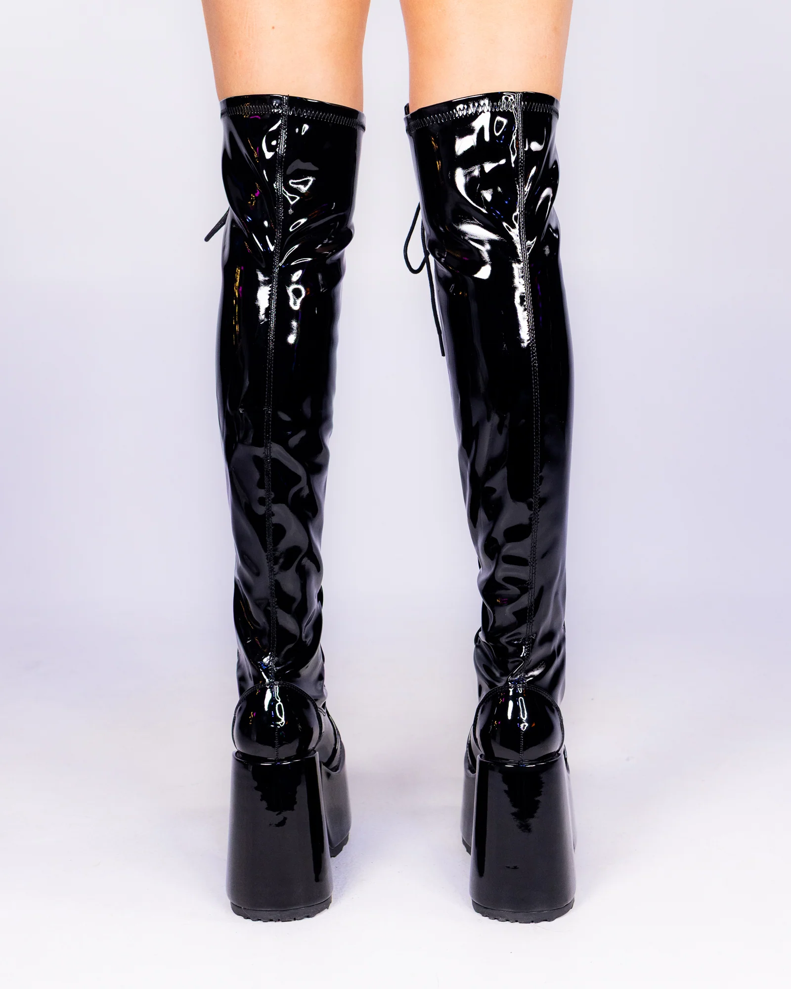 Demonia Camel Patent Black Women's Thigh High Platform Boots - Image 3