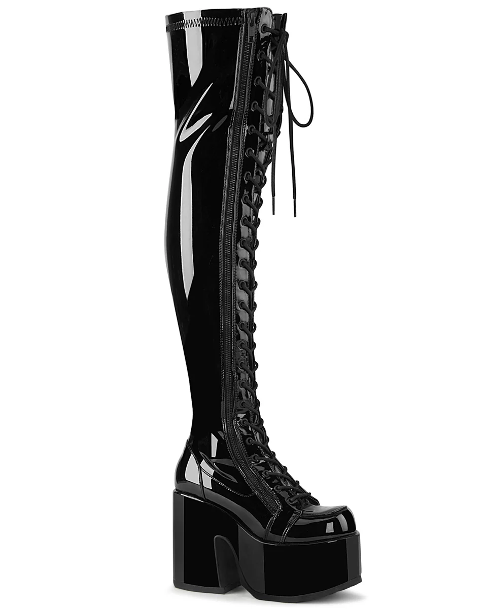 Demonia Camel Patent Black Women's Thigh High Platform Boots - Image 4