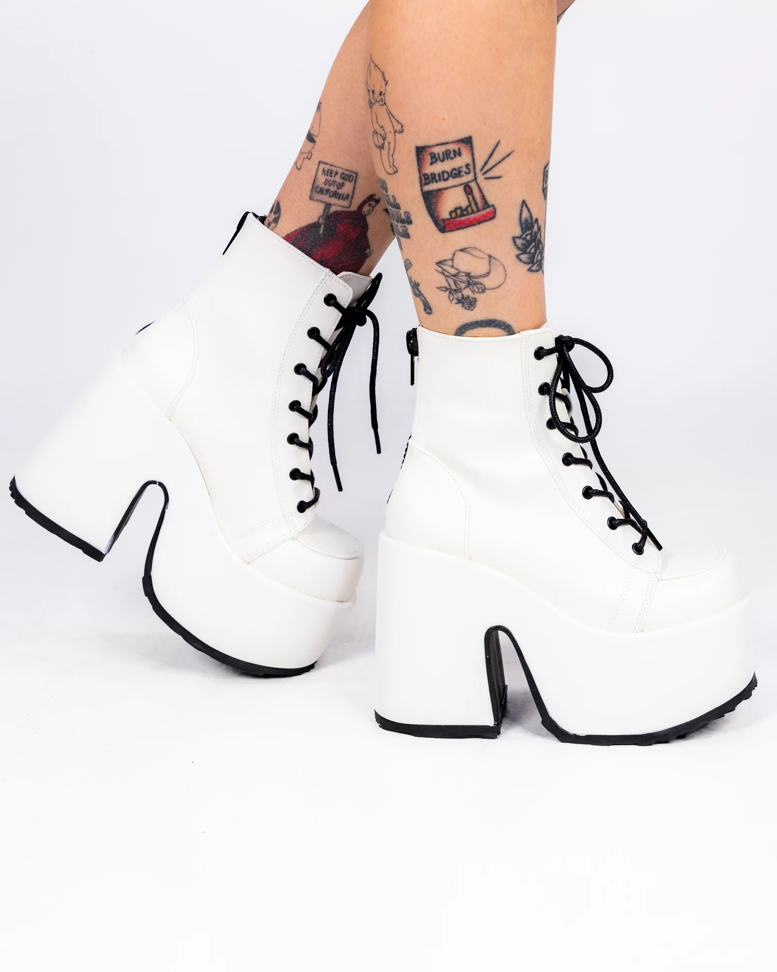 Demonia White Lace-Up Women's Platform Ankle Boots - Image 2