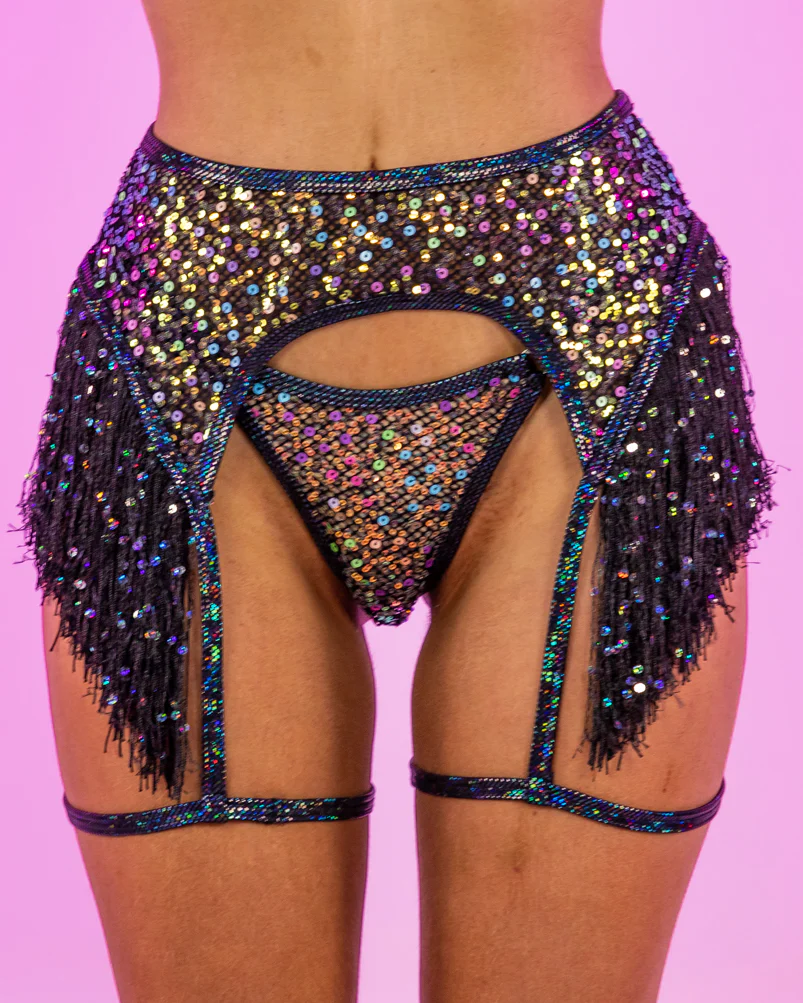 Diamond Rodeo Sequin Fishnet Garter Belt w/ Sequin Fringe Detail and Garter Snap - Image 2