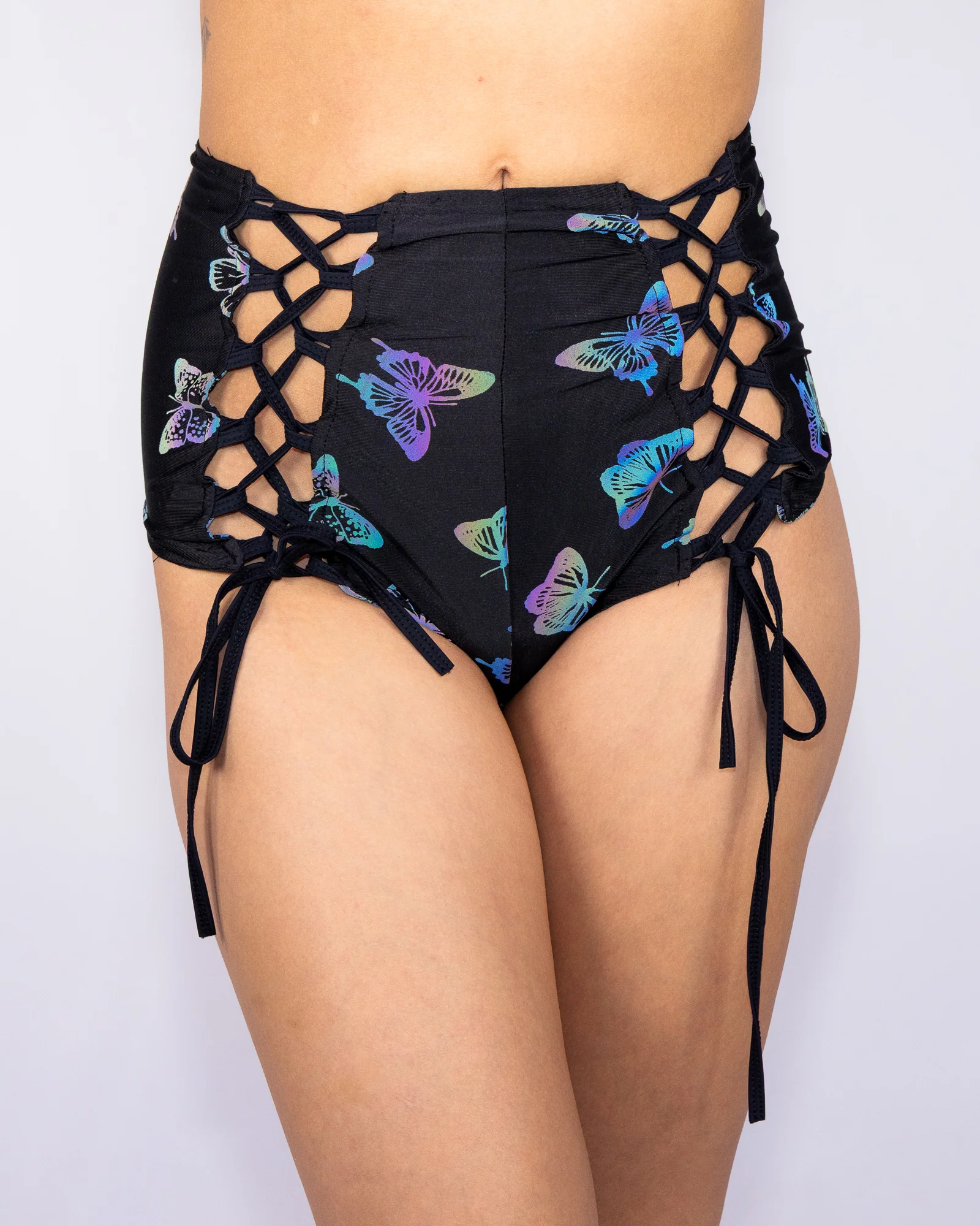 Flash Reflective Butterfly Women's Lace-Up Booty Shorts - Image 2