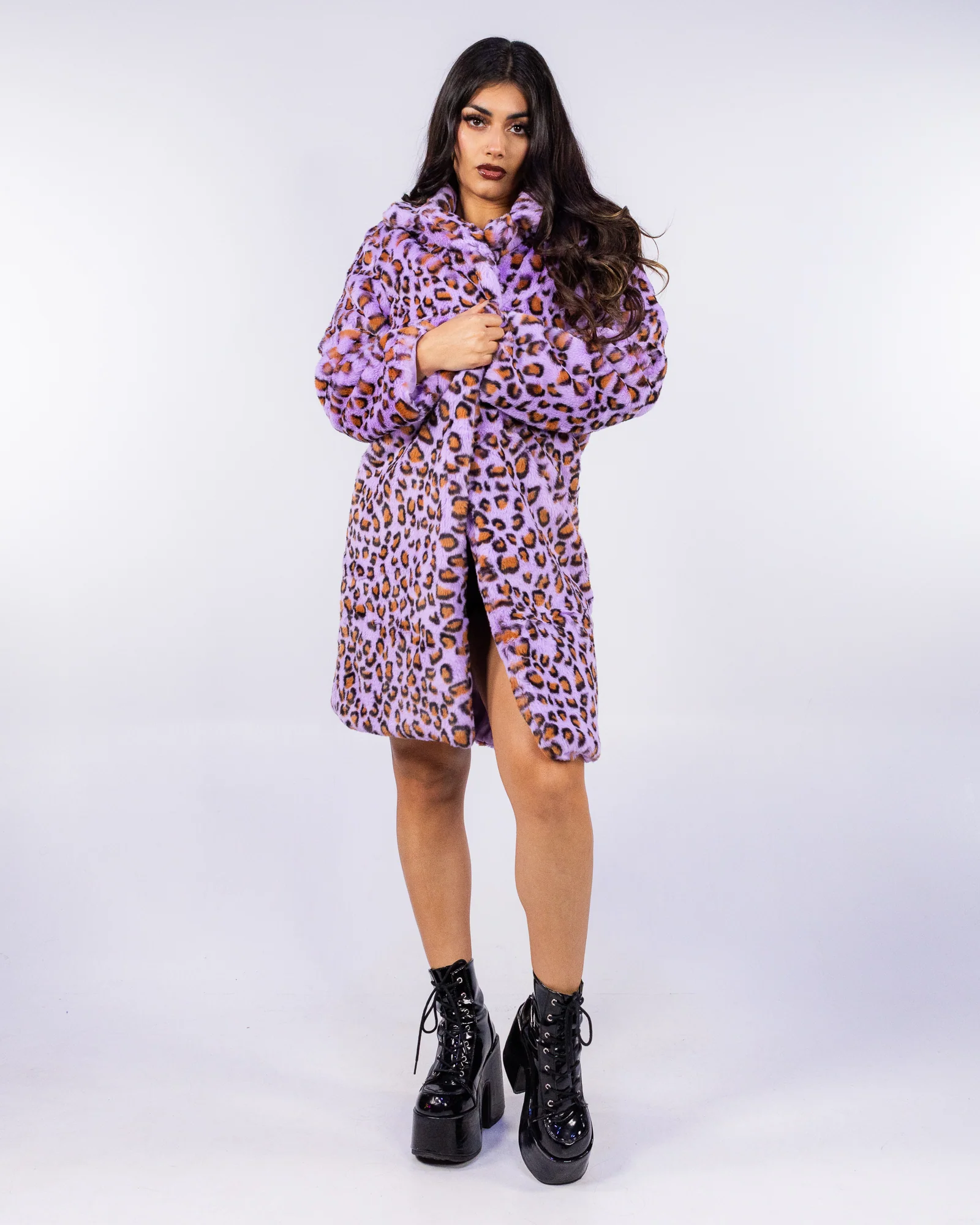 In The Jungle Unisex Purple Leopard Faux Fur Coat
