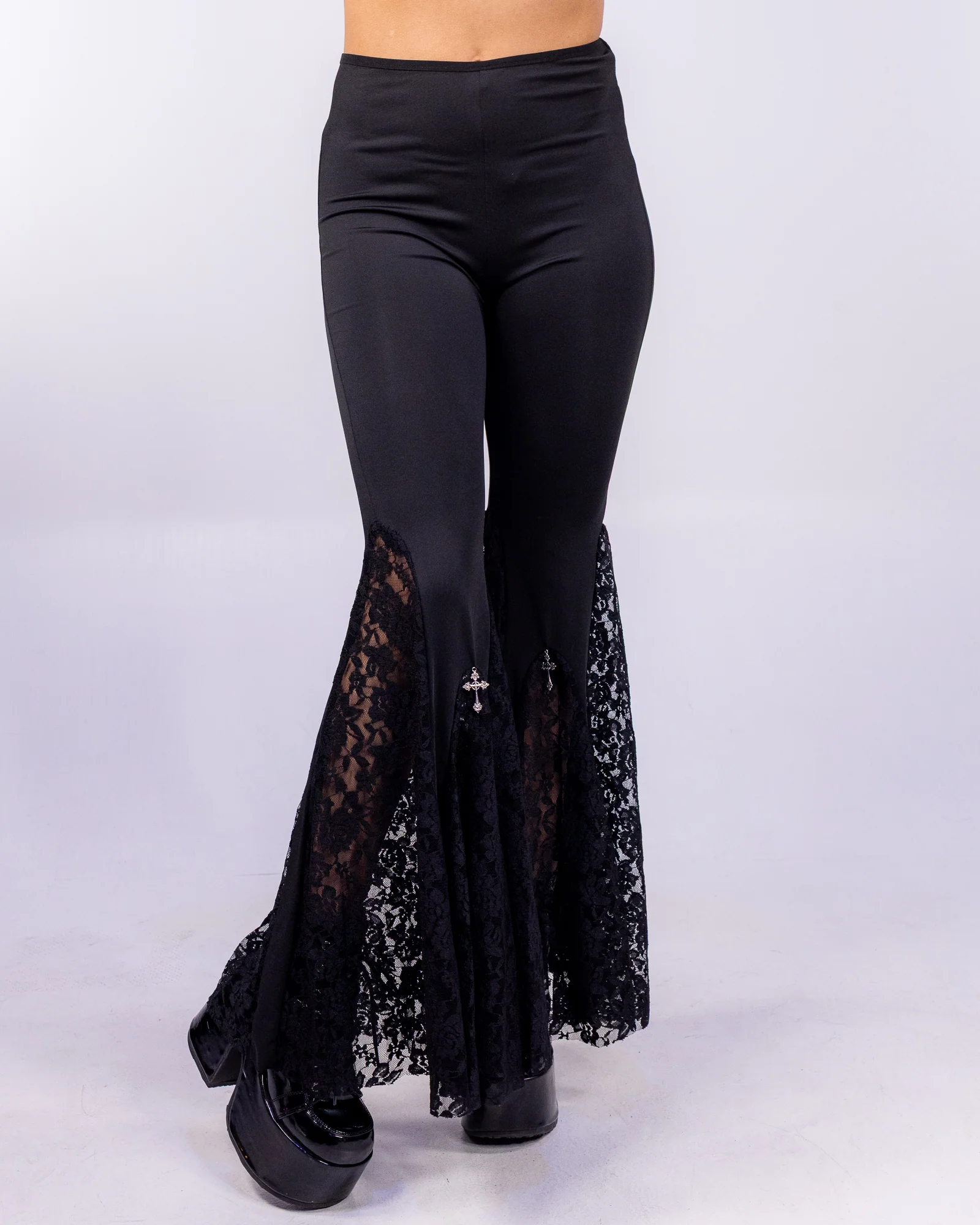 Omen Women's Black Lace Panel Bell Bottom Pants