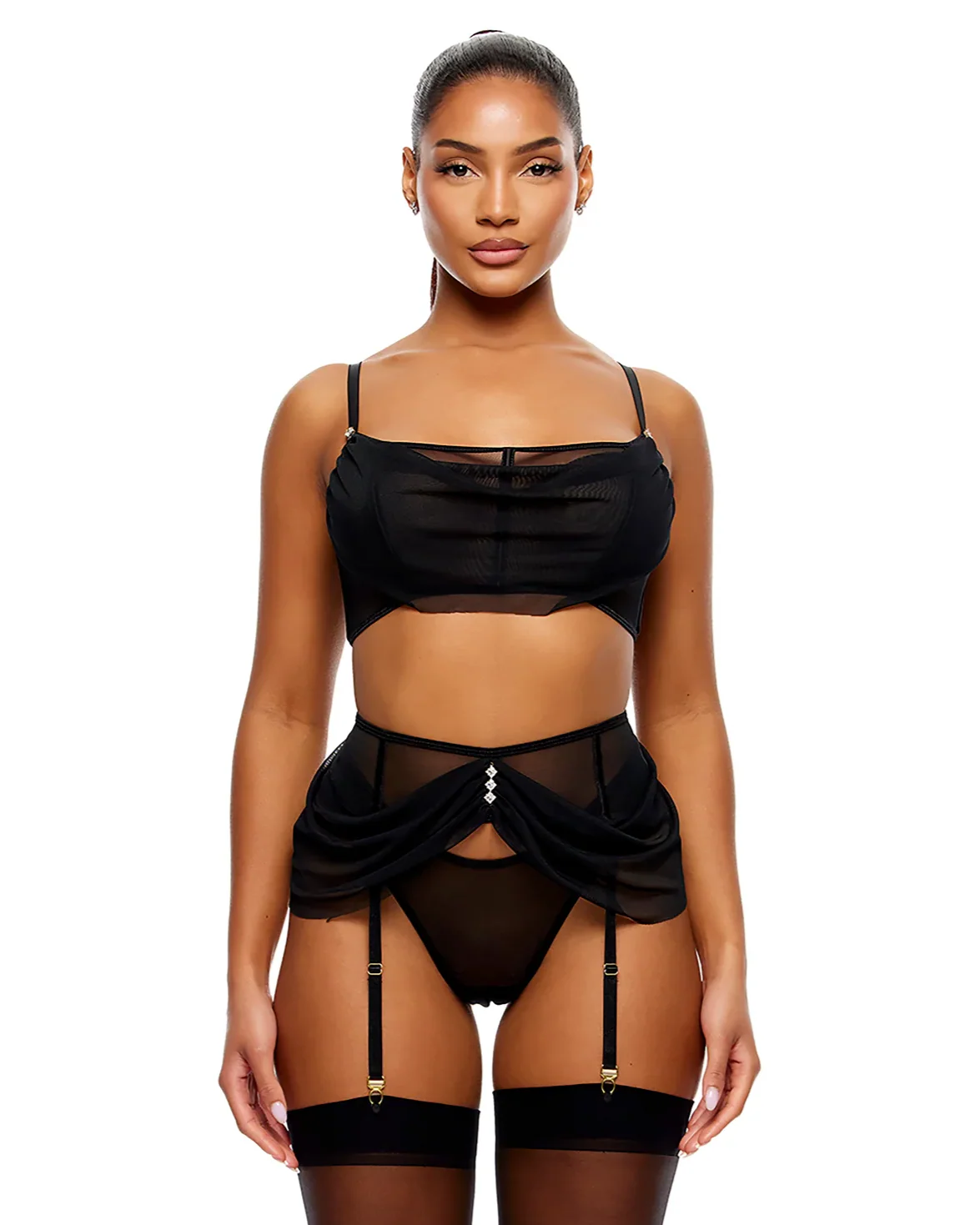 Princess Treatment Women's 3pc Black Mesh Top & Garter Set - Image 7