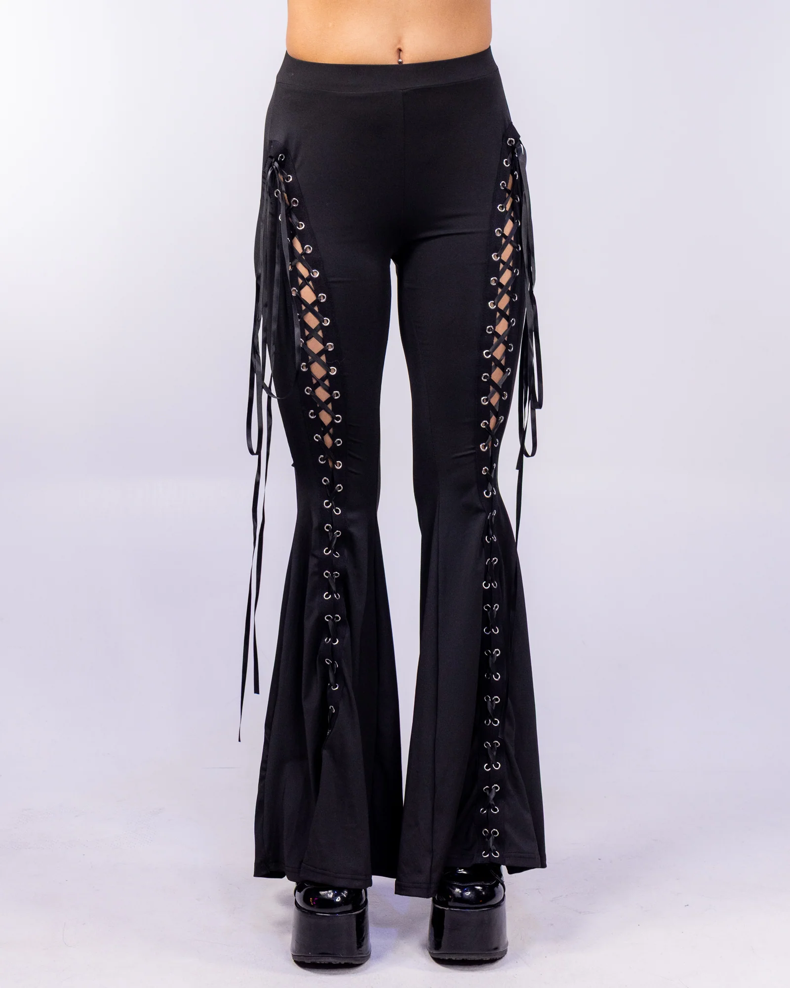Sacred Women's Black Lace-Up Bell Bottom Pants