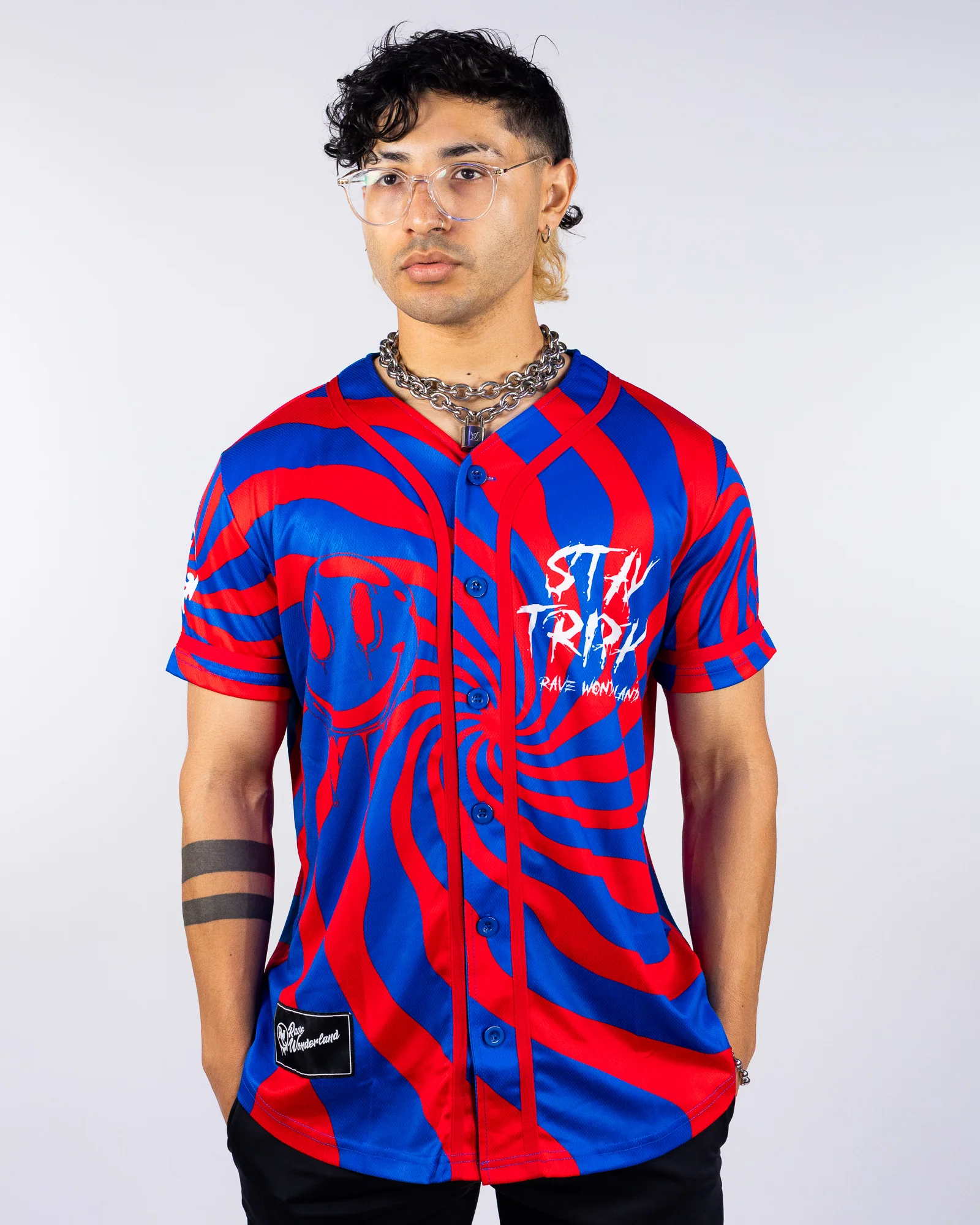 Swirl Stay Trippy Men's Red/Blue Baseball Jersey - Image 2
