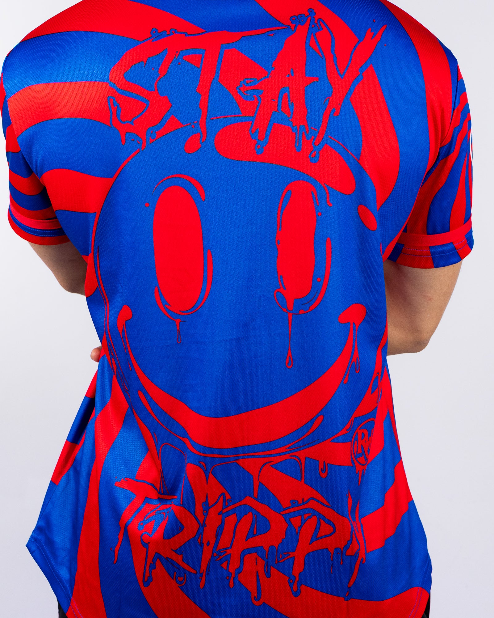 Swirl Stay Trippy Men's Red/Blue Baseball Jersey - Image 4
