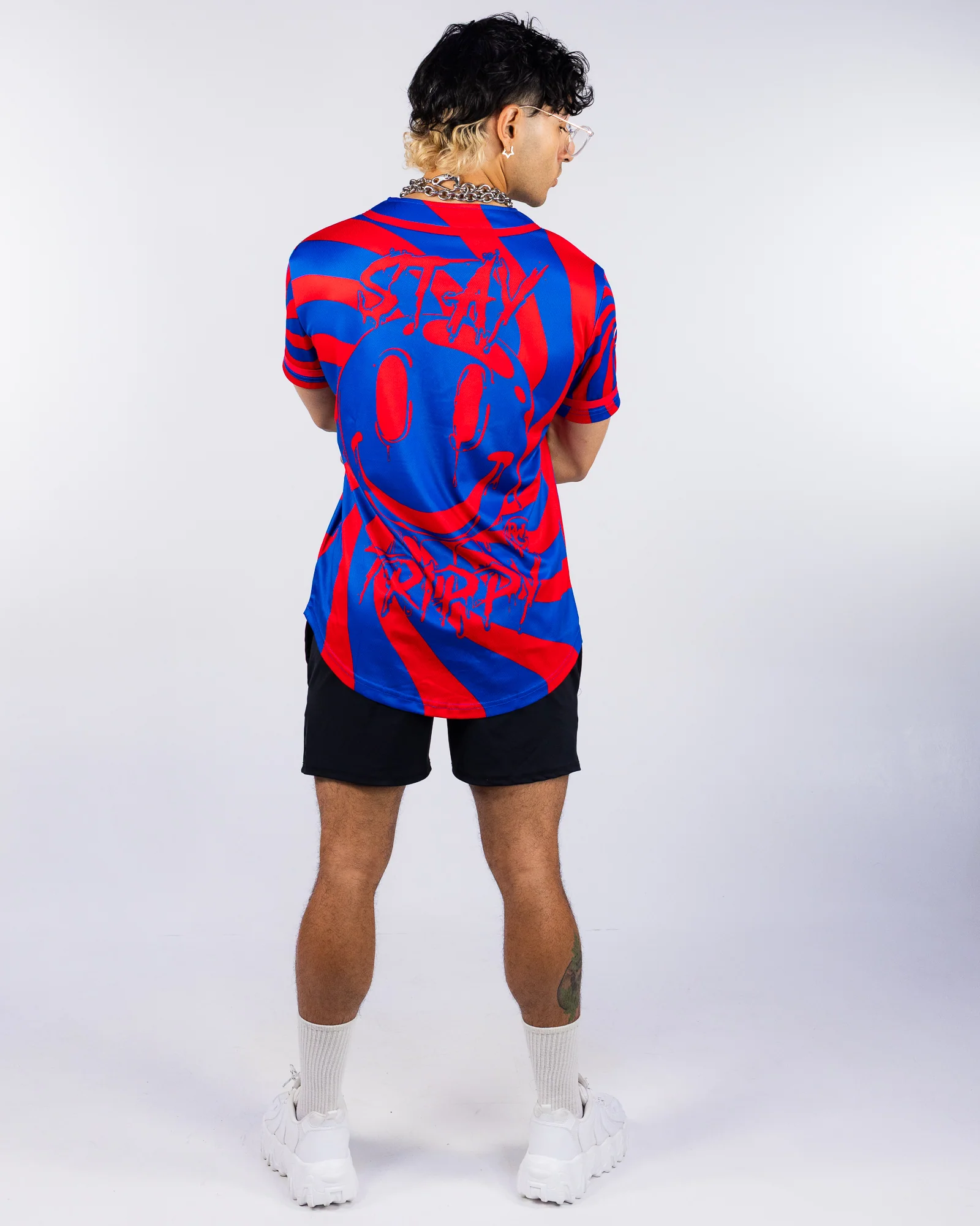 Swirl Stay Trippy Men's Red/Blue Baseball Jersey - Image 6