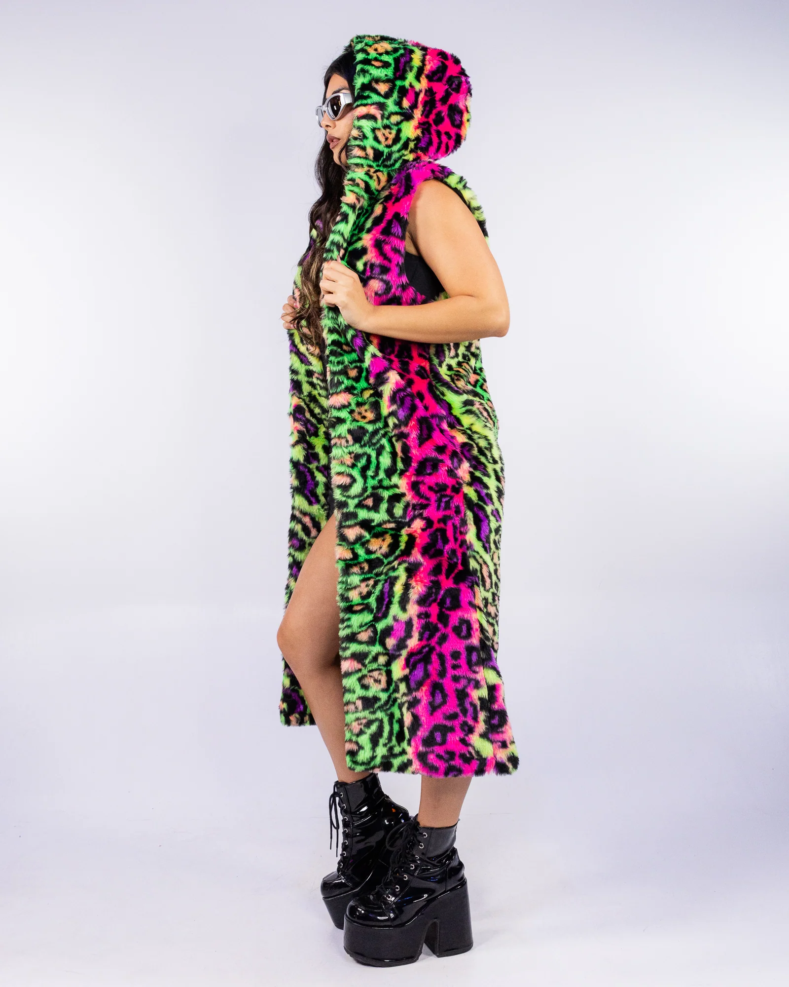 Wild Playa Unisex Neon Leopard Faux Fur Sleeveless Coat